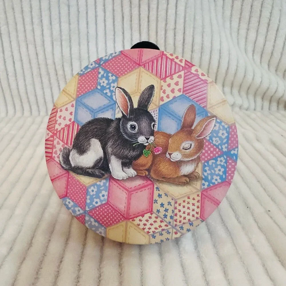 Vintage Decorative Tin with Quilted print and  Bunny Rabbits